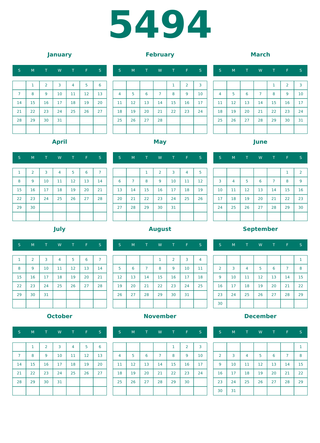 Printable 5494 Year Calendars pastel