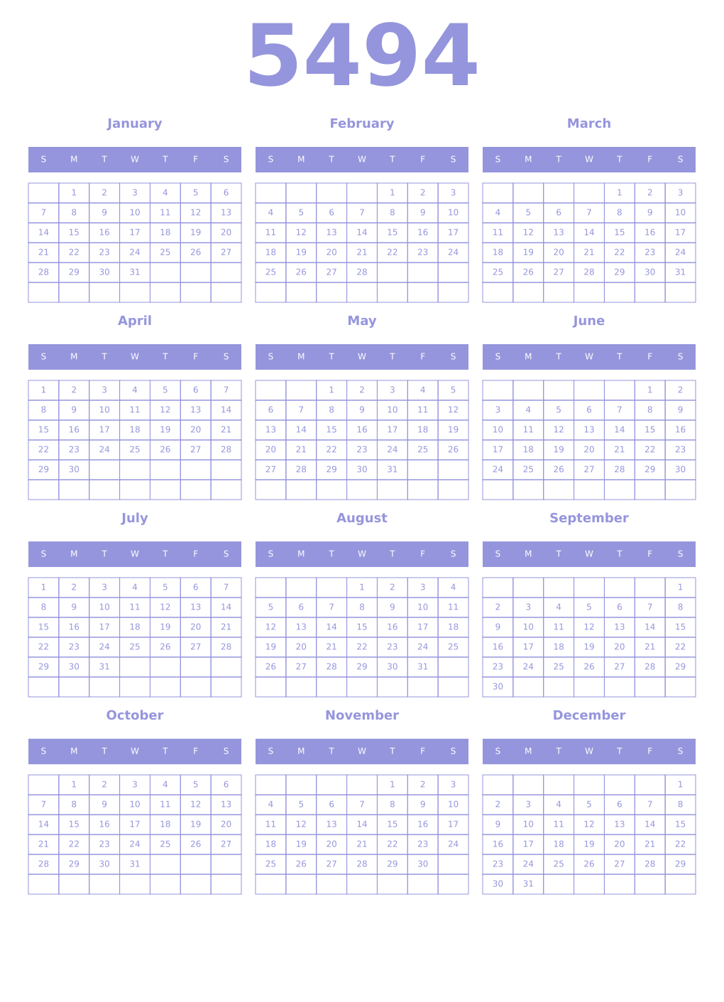 Printable 5494 Year Calendars periwinkle