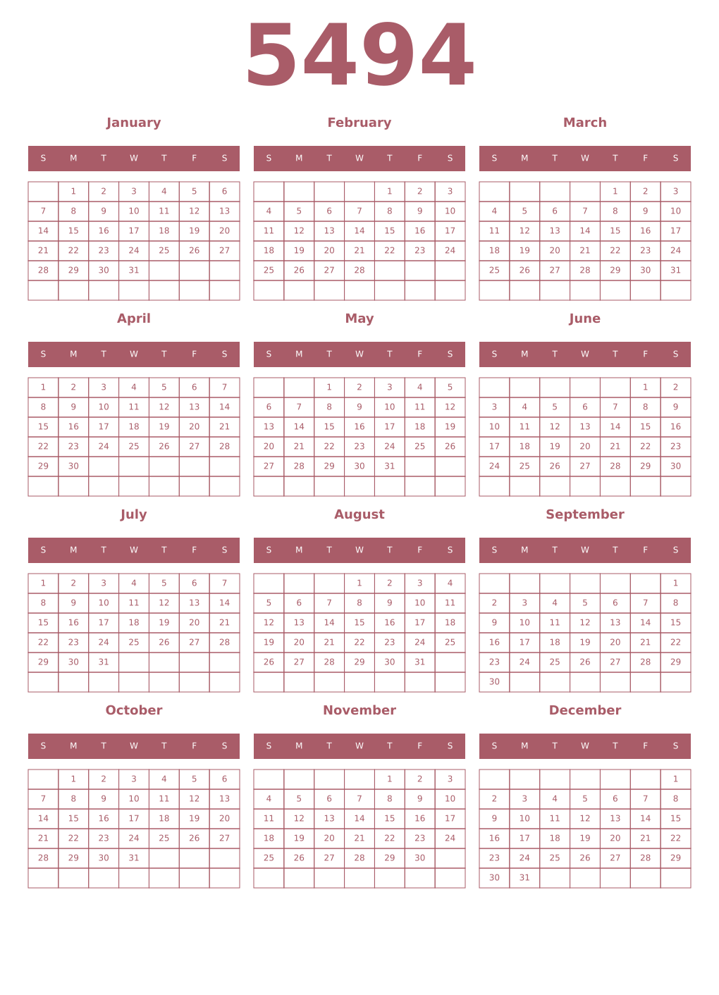 Printable 5494 Year Calendars puce
