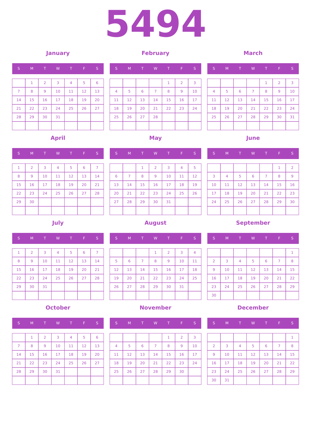 Printable 5494 Year Calendars purple