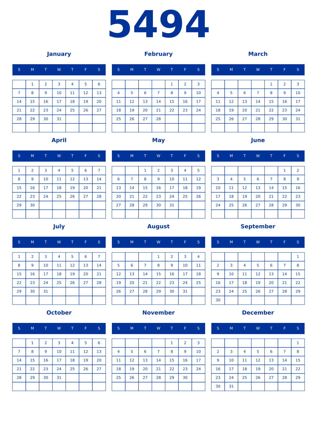 Printable 5494 Year Calendars smalt
