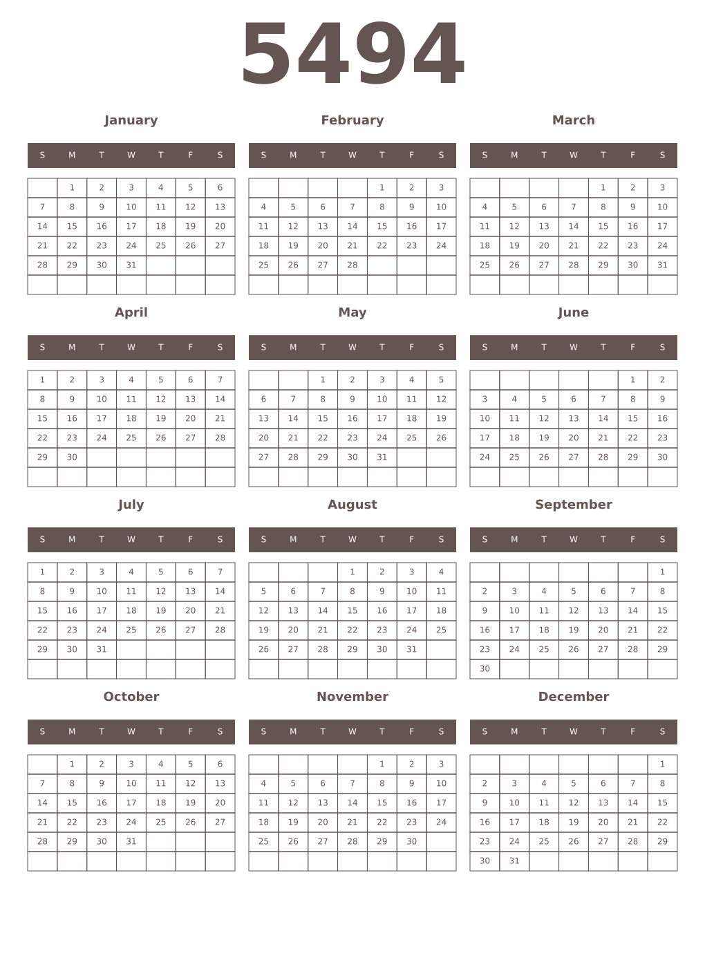 Printable 5494 Year Calendars wenge
