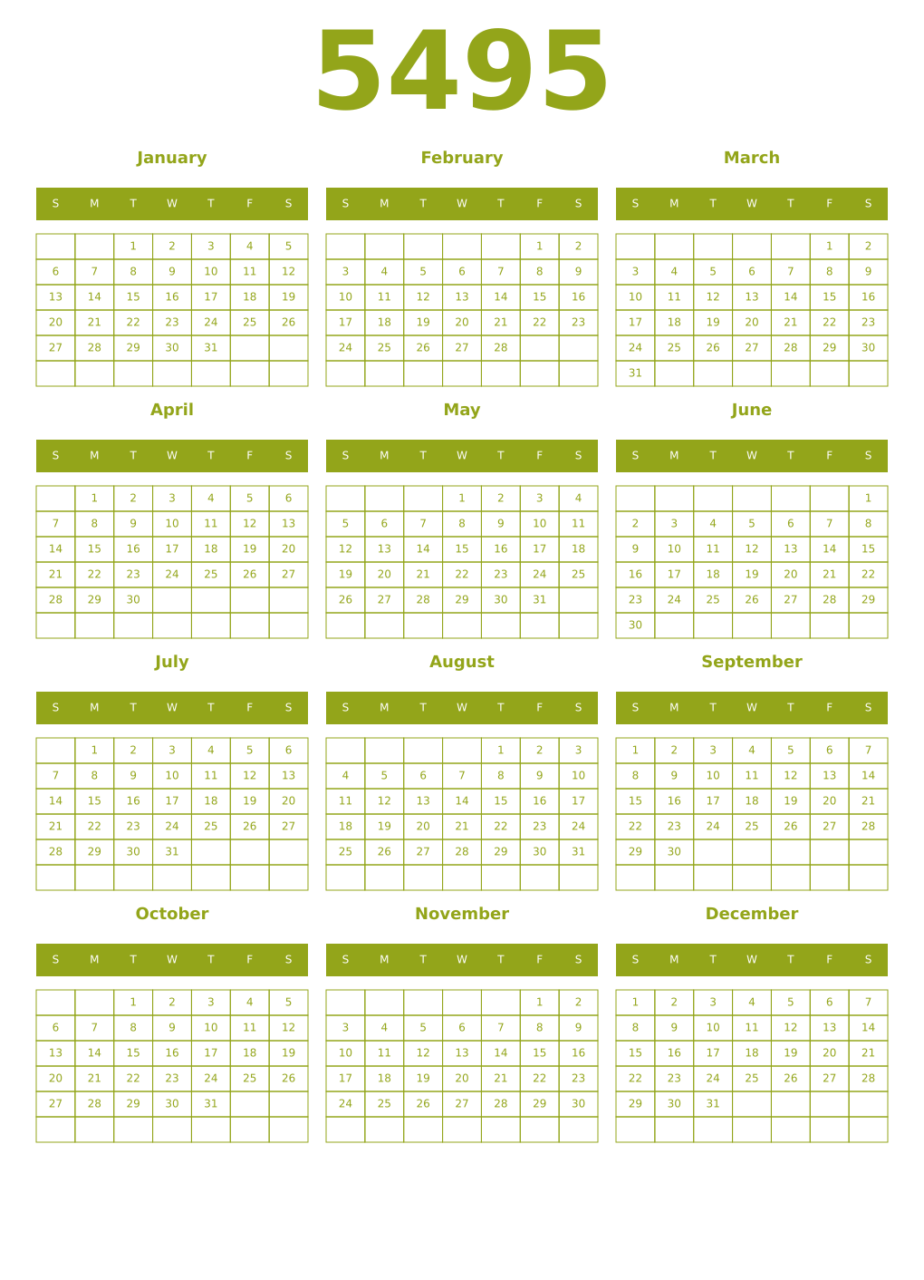 Printable 5495 Year Calendars chartreuse