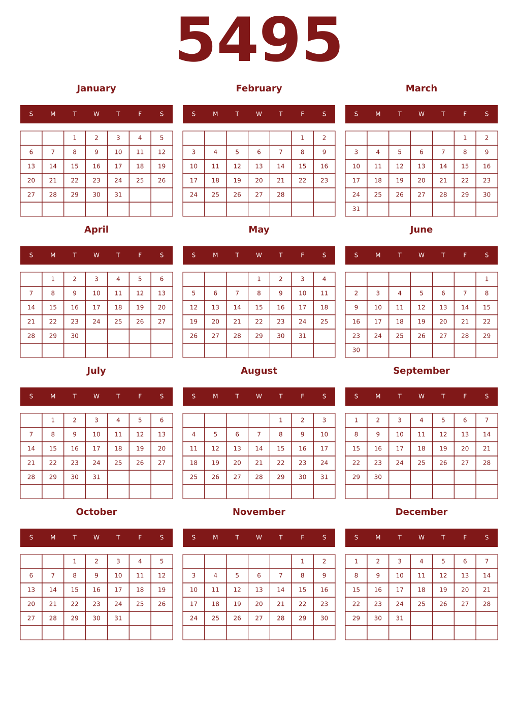 Printable 5495 Year Calendars falu