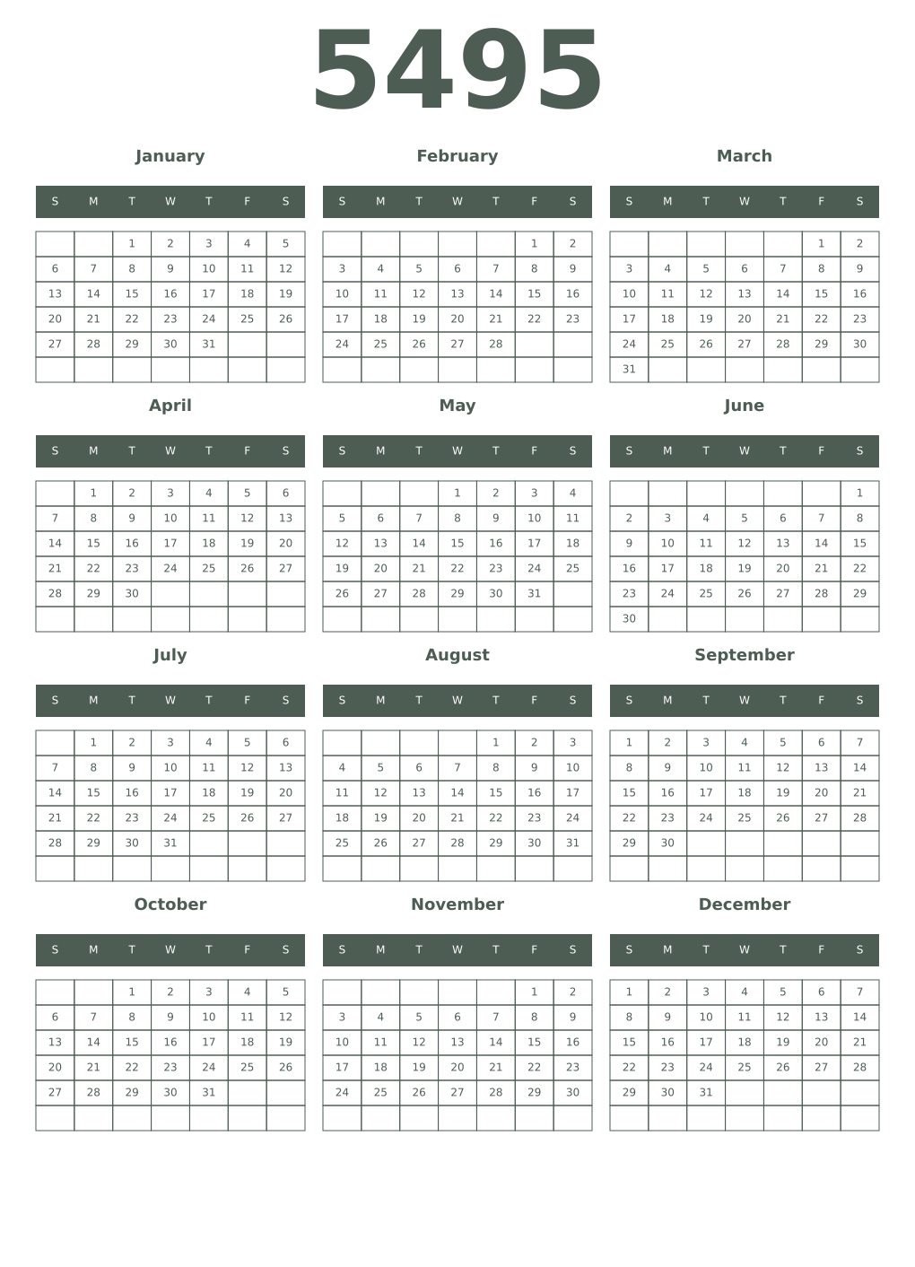 Printable 5495 Year Calendars feldgrau