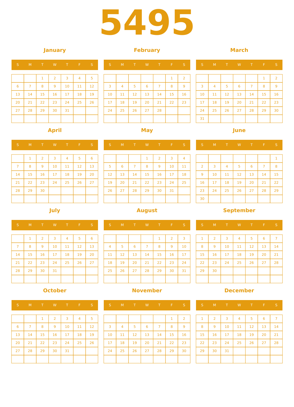 Printable 5495 Year Calendars gamboge