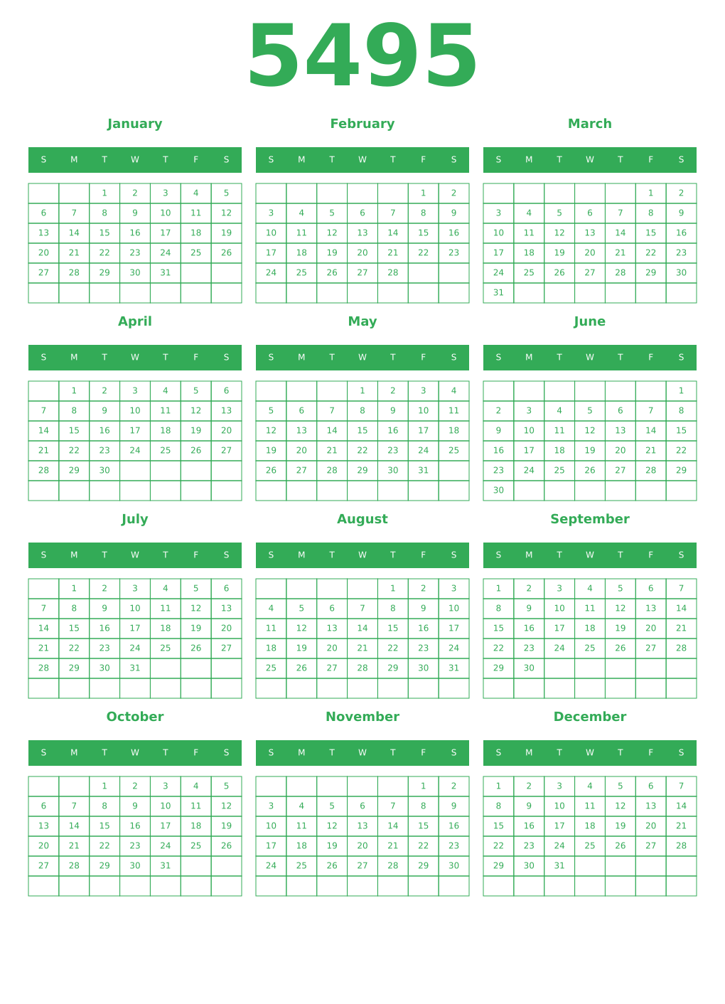 Printable 5495 Year Calendars green