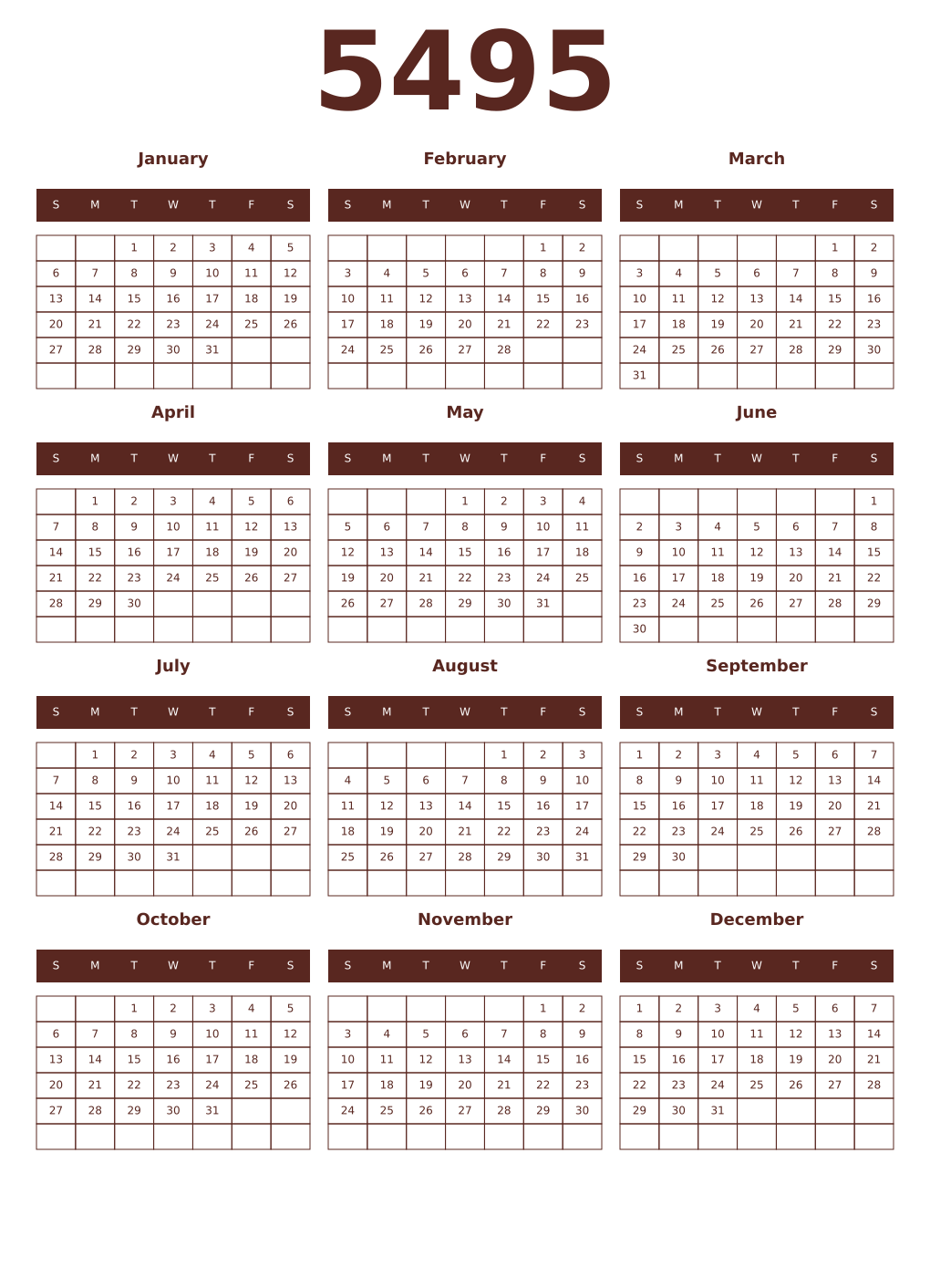 Printable 5495 Year Calendars mortuum