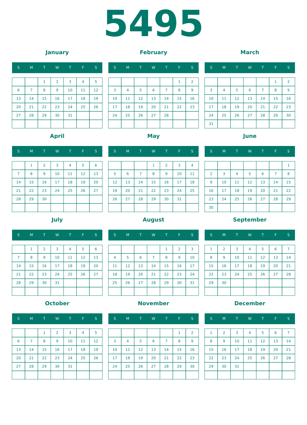 Printable 5495 Year Calendars pastel