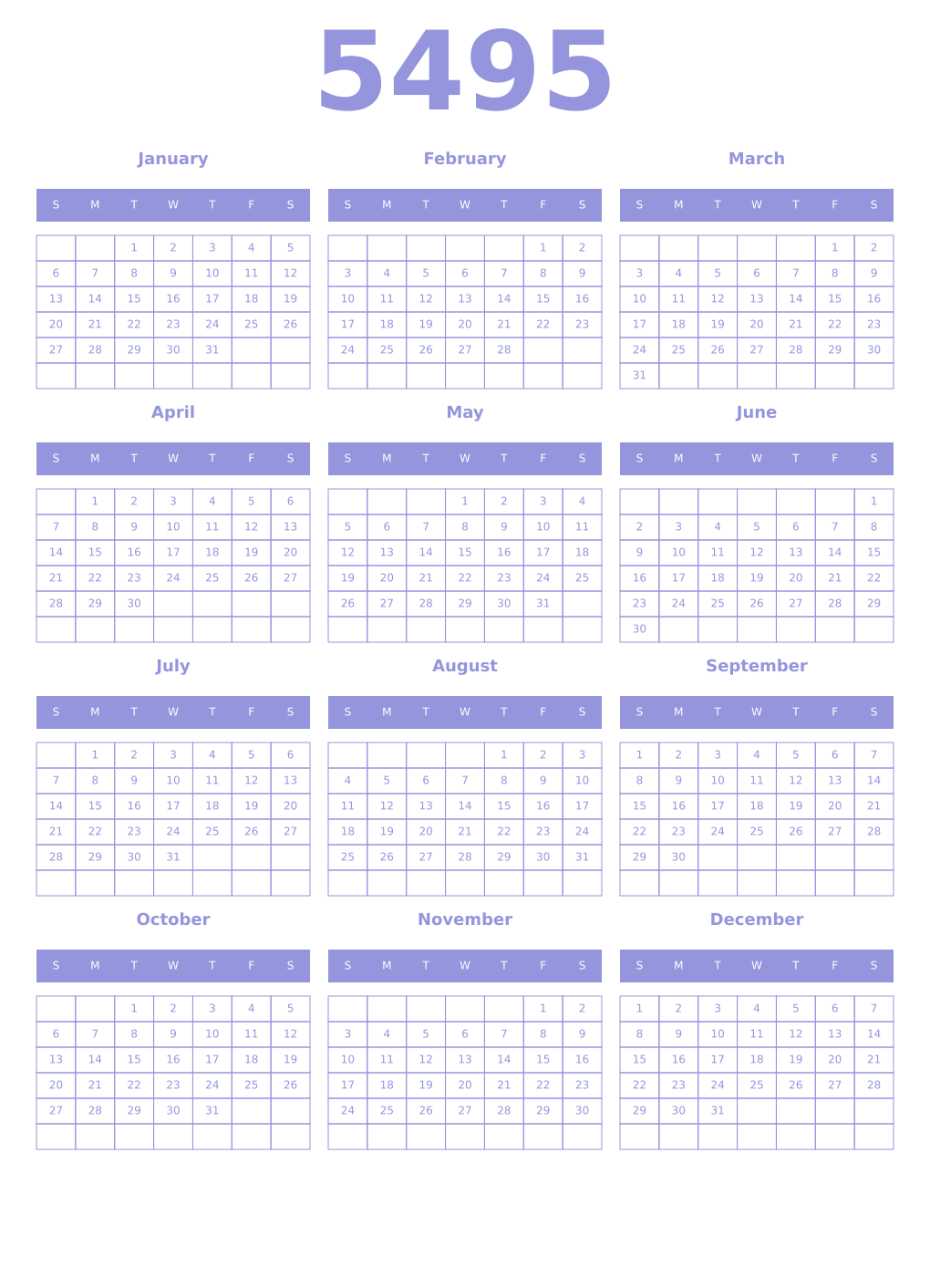Printable 5495 Year Calendars periwinkle