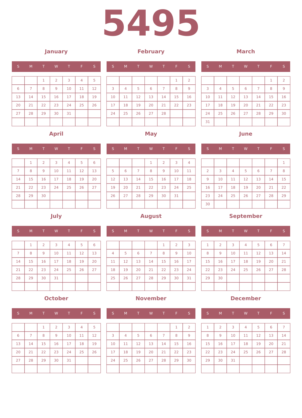 Printable 5495 Year Calendars puce