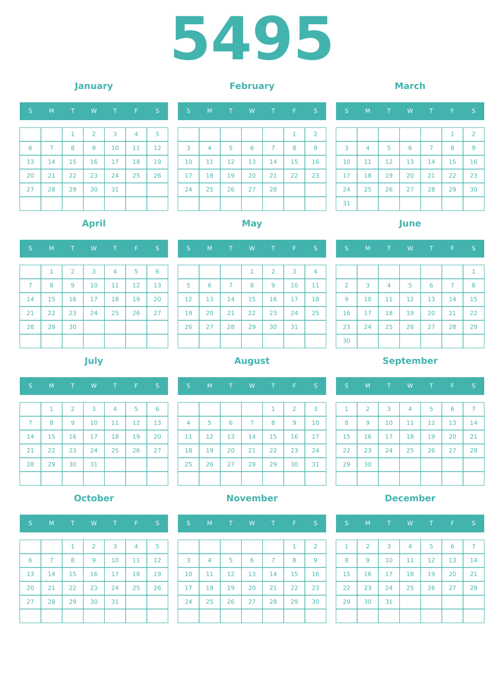 Printable 5495 Year Calendars verdigris