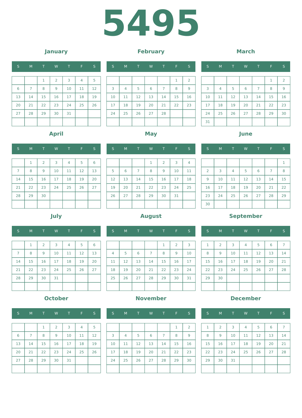Printable 5495 Year Calendars viridian