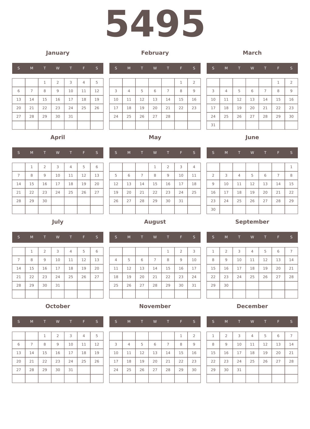 Printable 5495 Year Calendars wenge