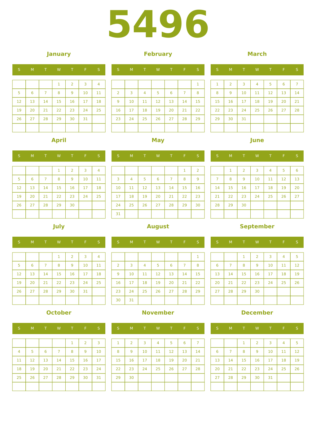 Printable 5496 Year Calendars chartreuse