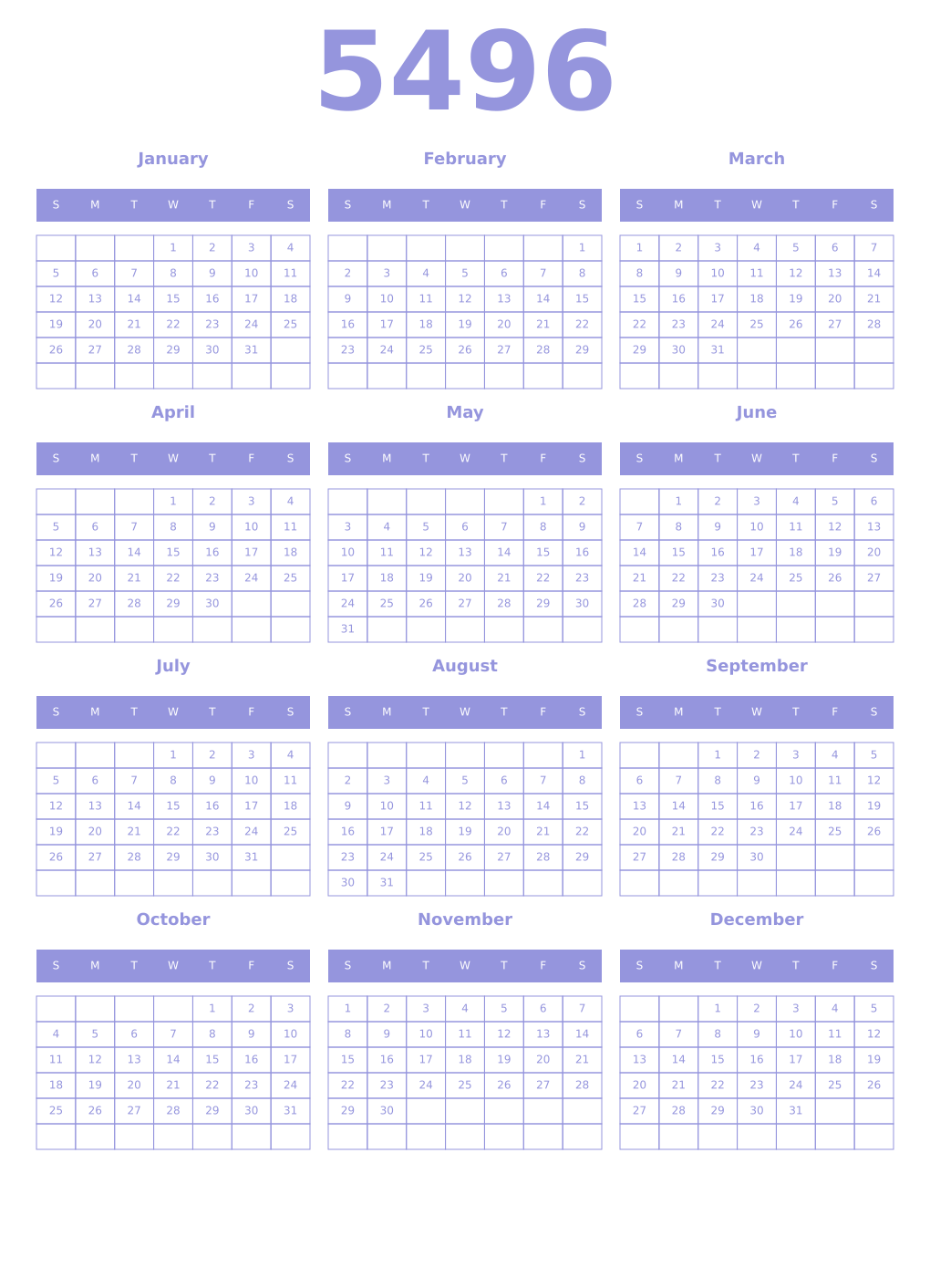 Printable 5496 Year Calendars periwinkle