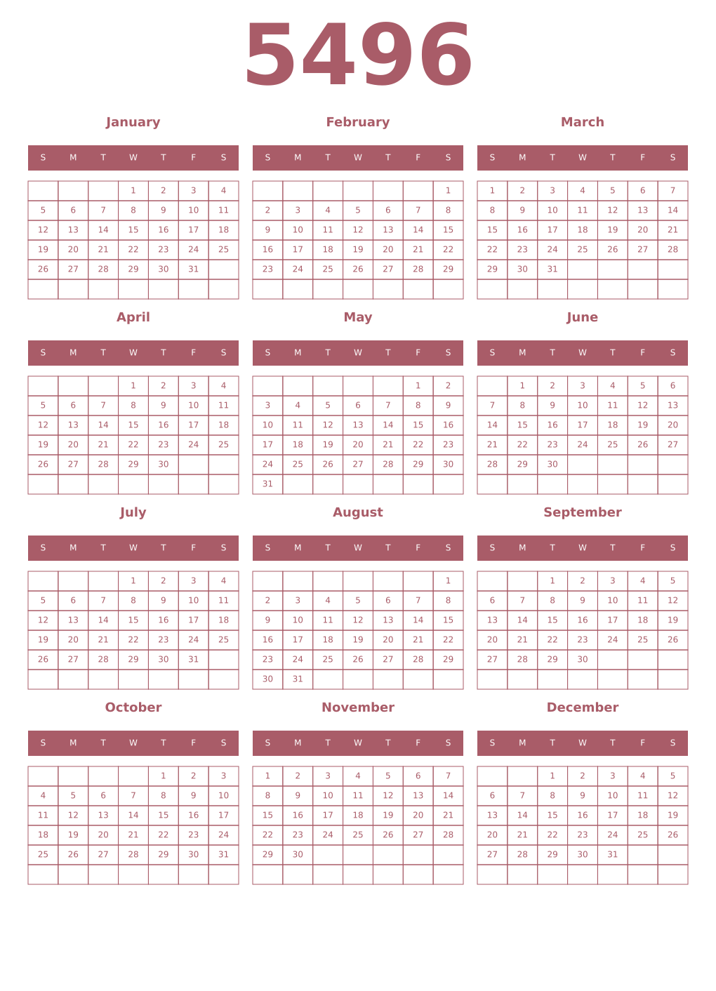 Printable 5496 Year Calendars puce