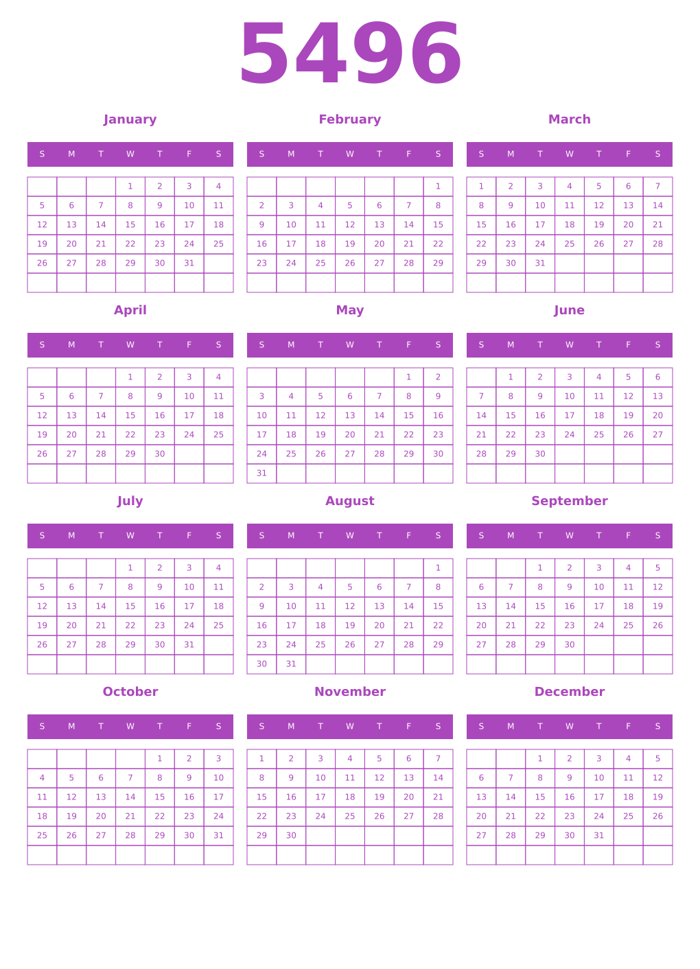 Printable 5496 Year Calendars purple