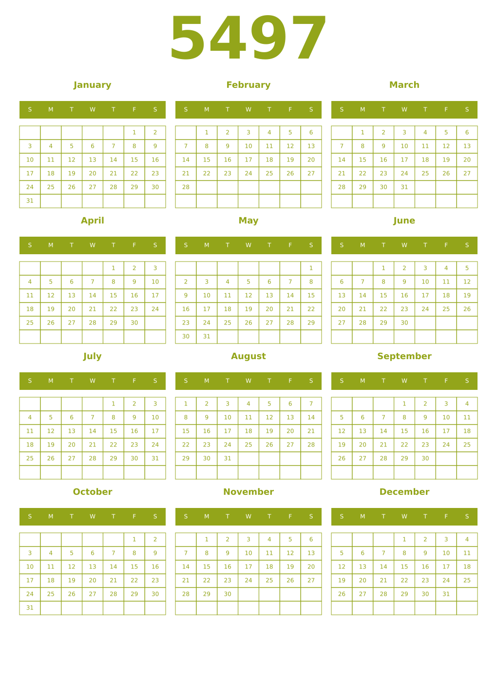 Printable 5497 Year Calendars chartreuse