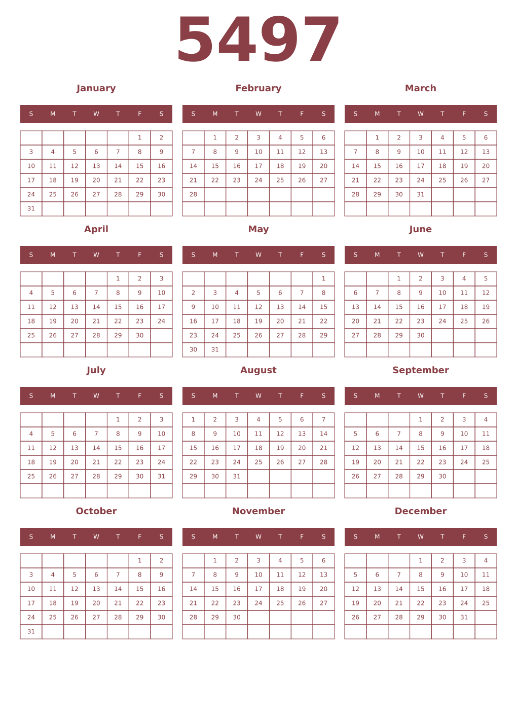 Printable 5497 Year Calendars cordovan