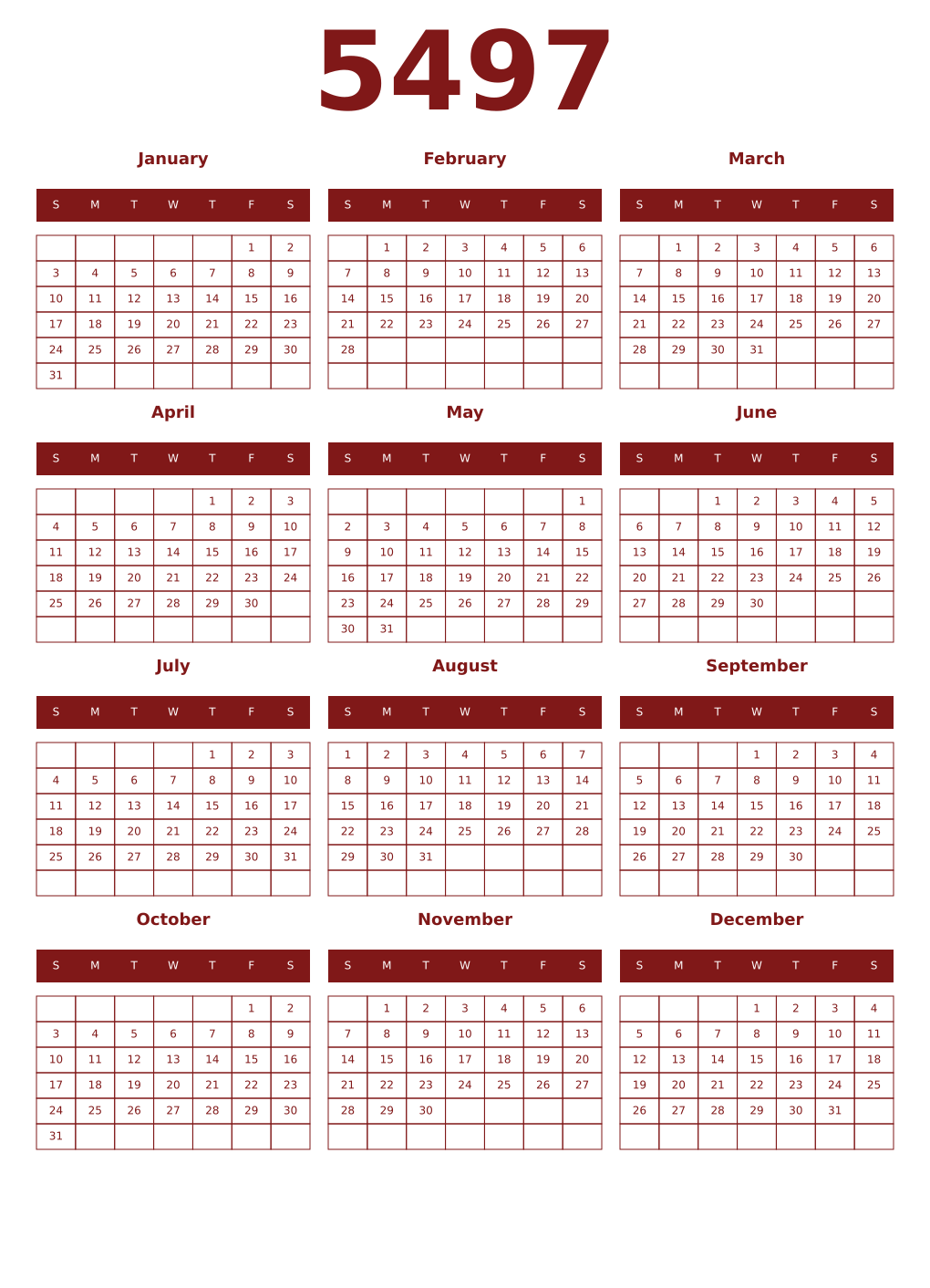 Printable 5497 Year Calendars falu