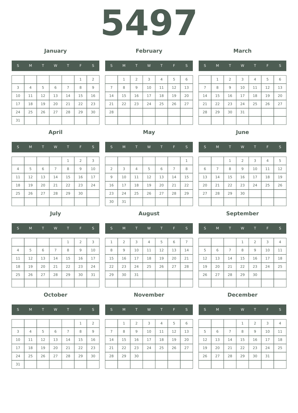 Printable 5497 Year Calendars feldgrau