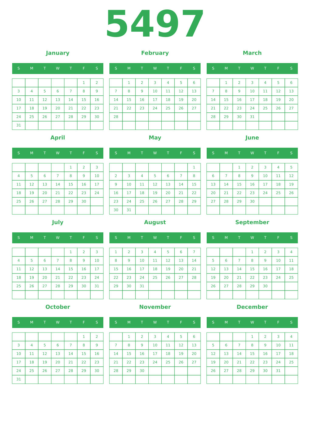 Printable 5497 Year Calendars green