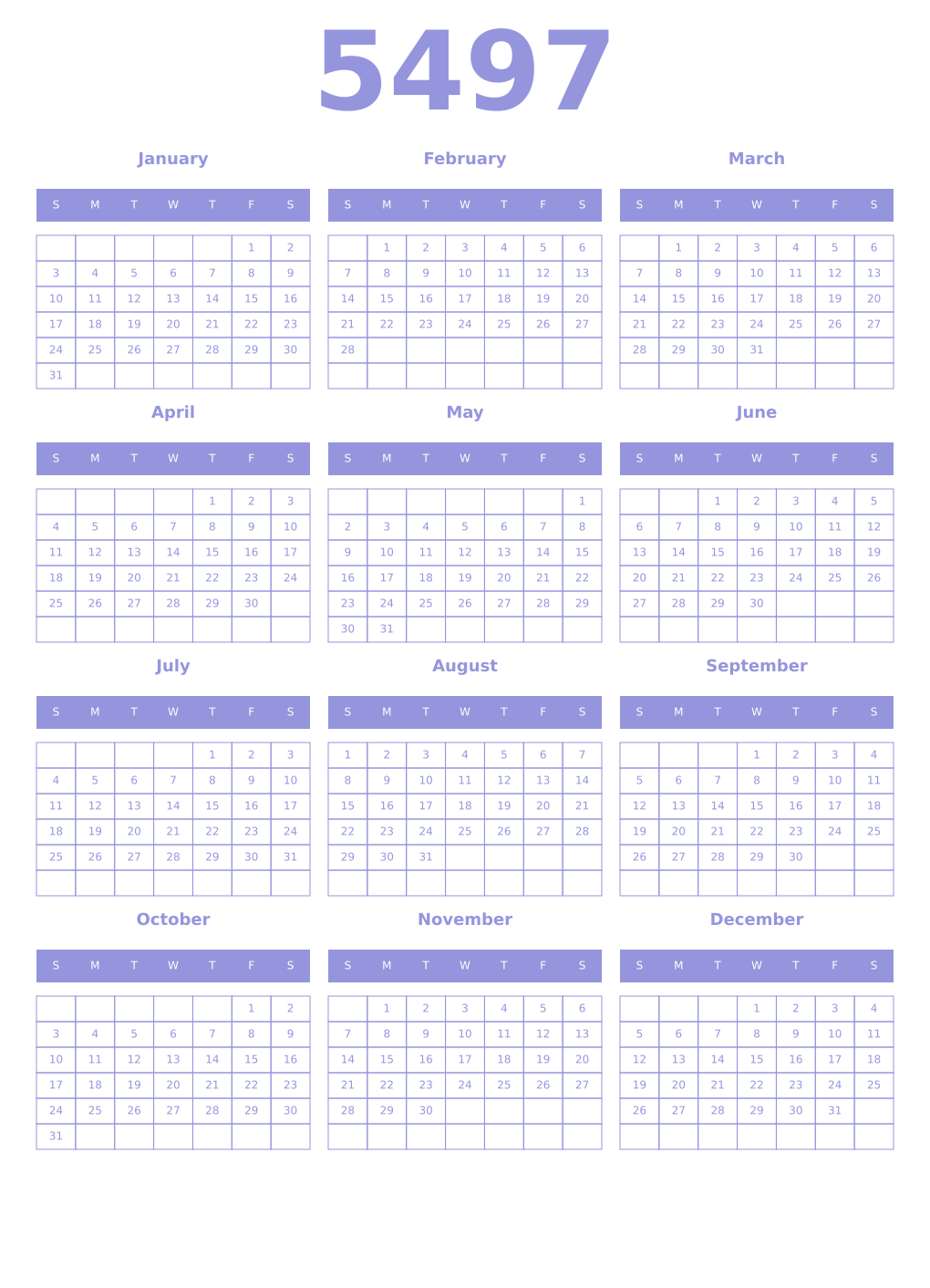 Printable 5497 Year Calendars periwinkle