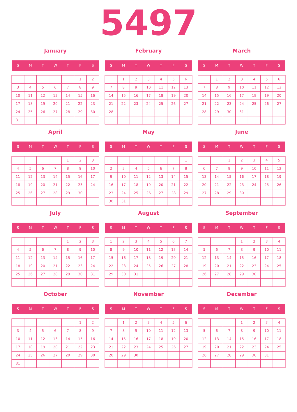 Printable 5497 Year Calendars pink