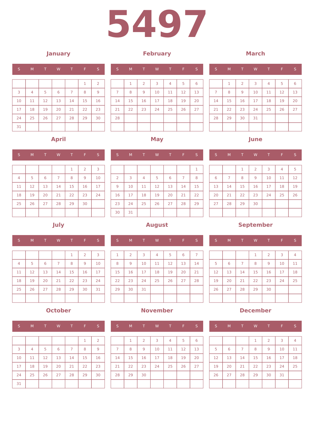 Printable 5497 Year Calendars puce