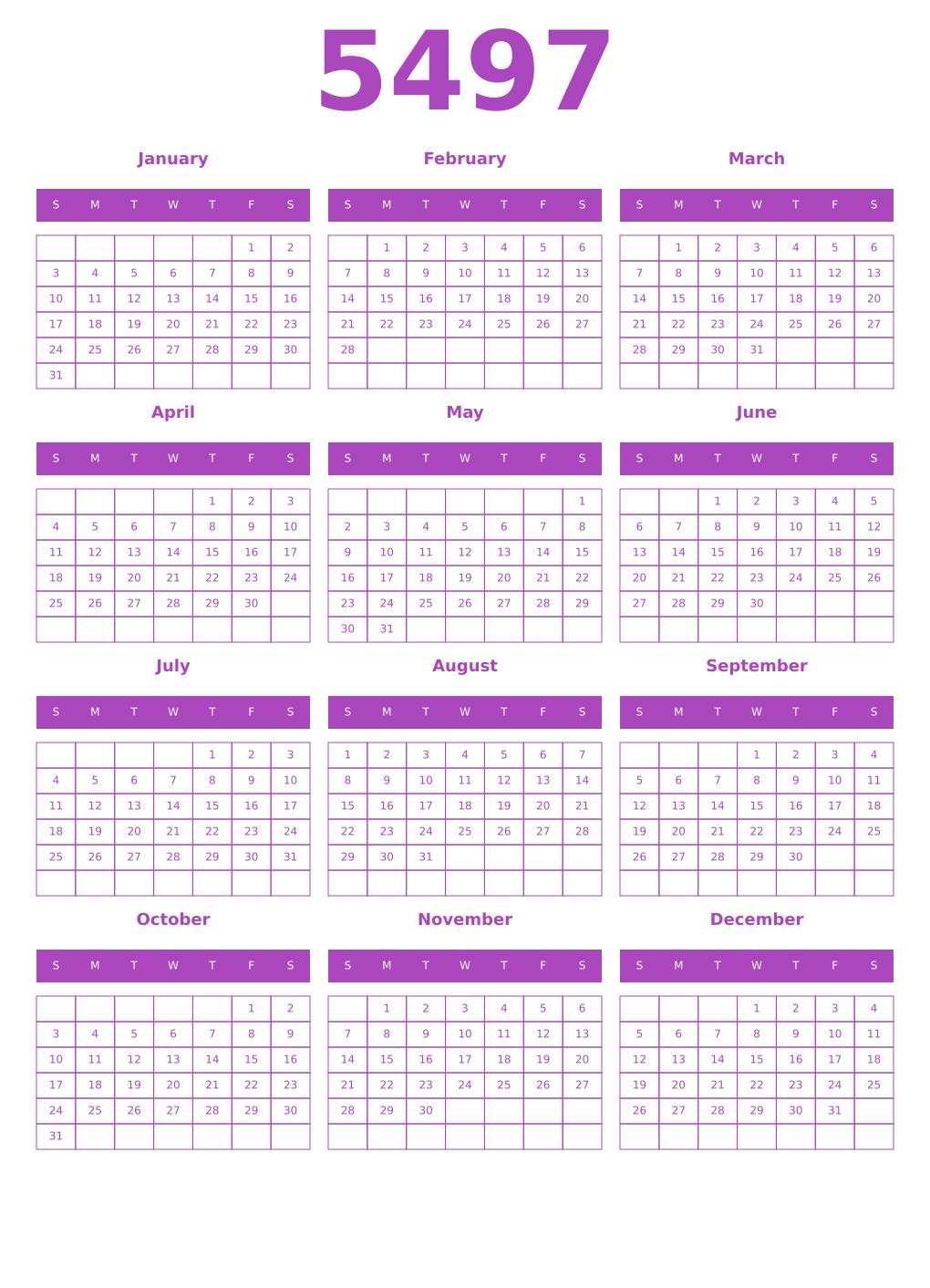 Printable 5497 Year Calendars purple