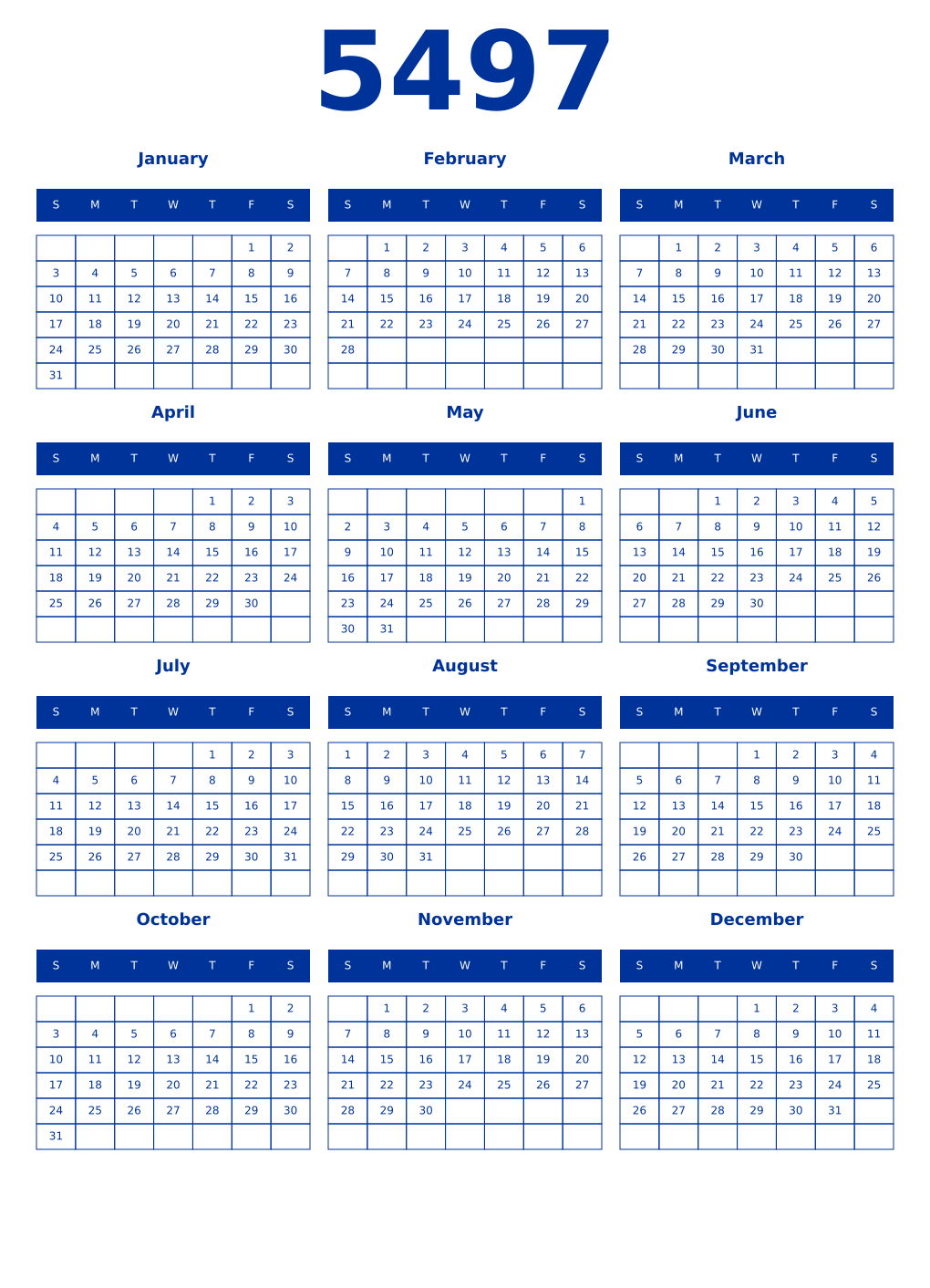 Printable 5497 Year Calendars smalt