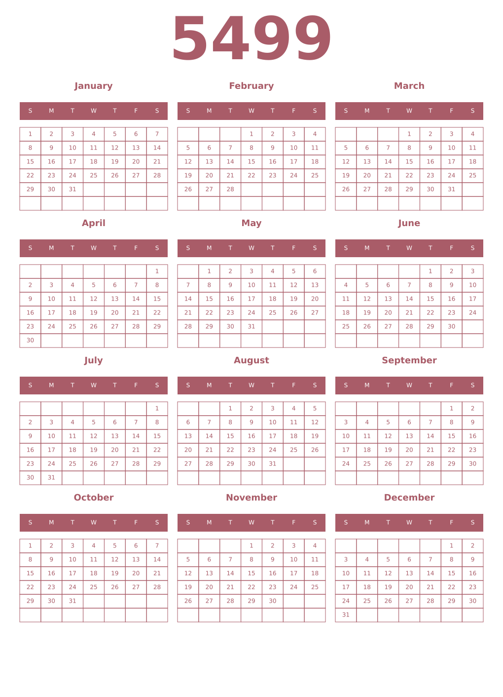 Printable 5499 Year Calendars puce