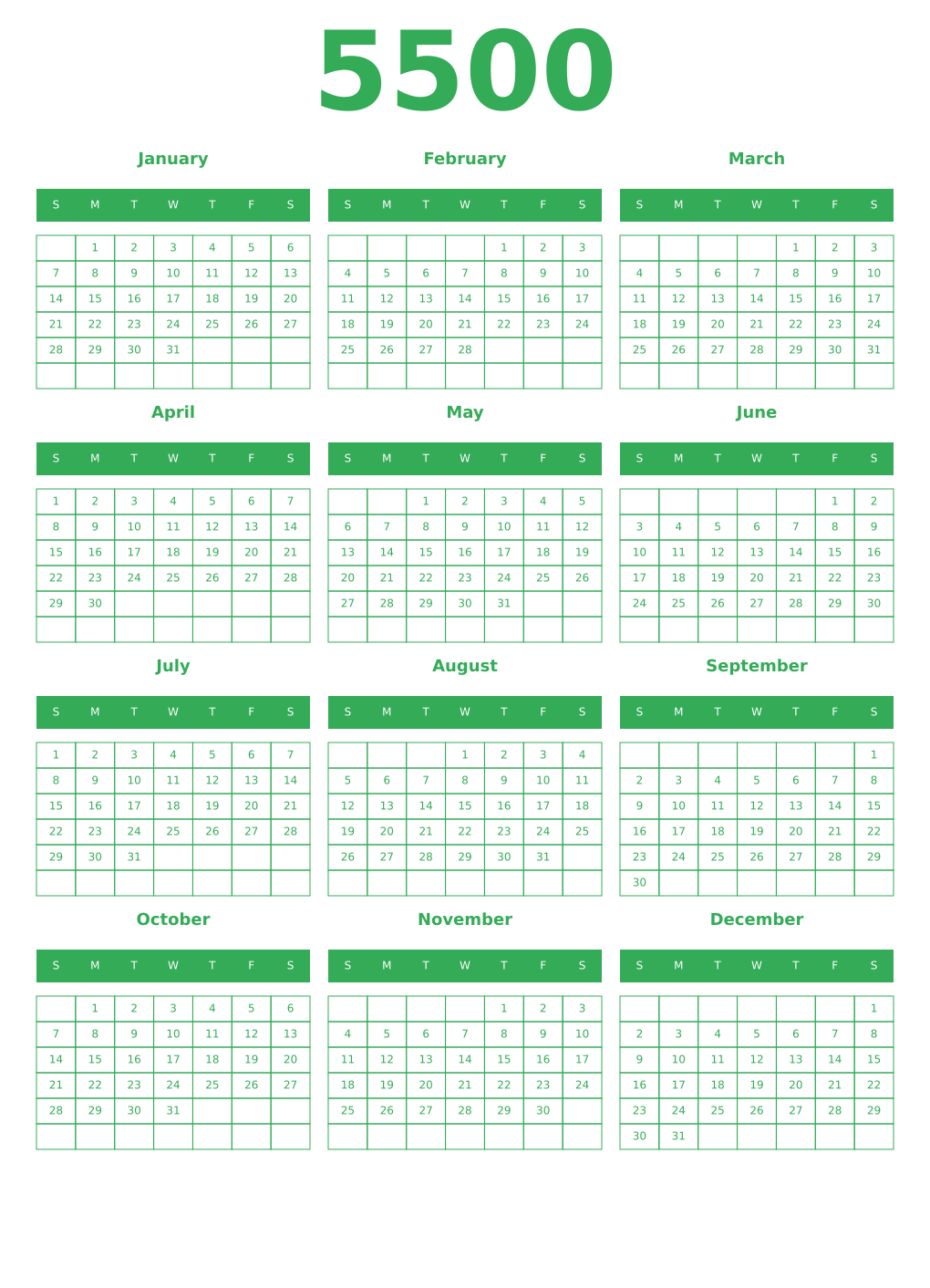 Printable 5500 Year Calendars green