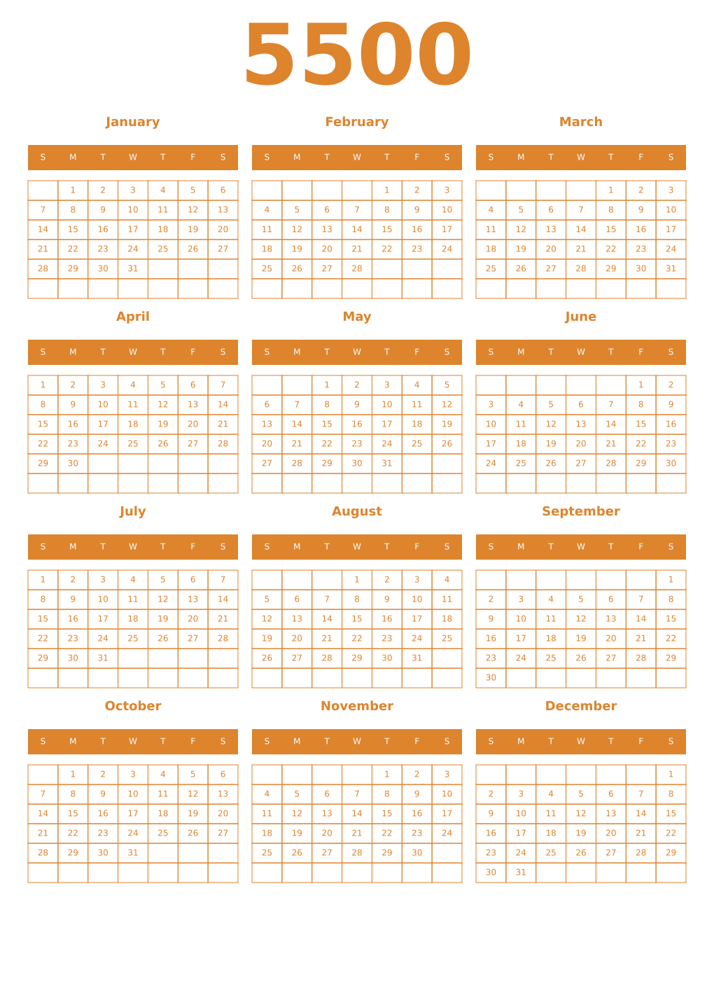 Printable 5500 Year Calendars orange
