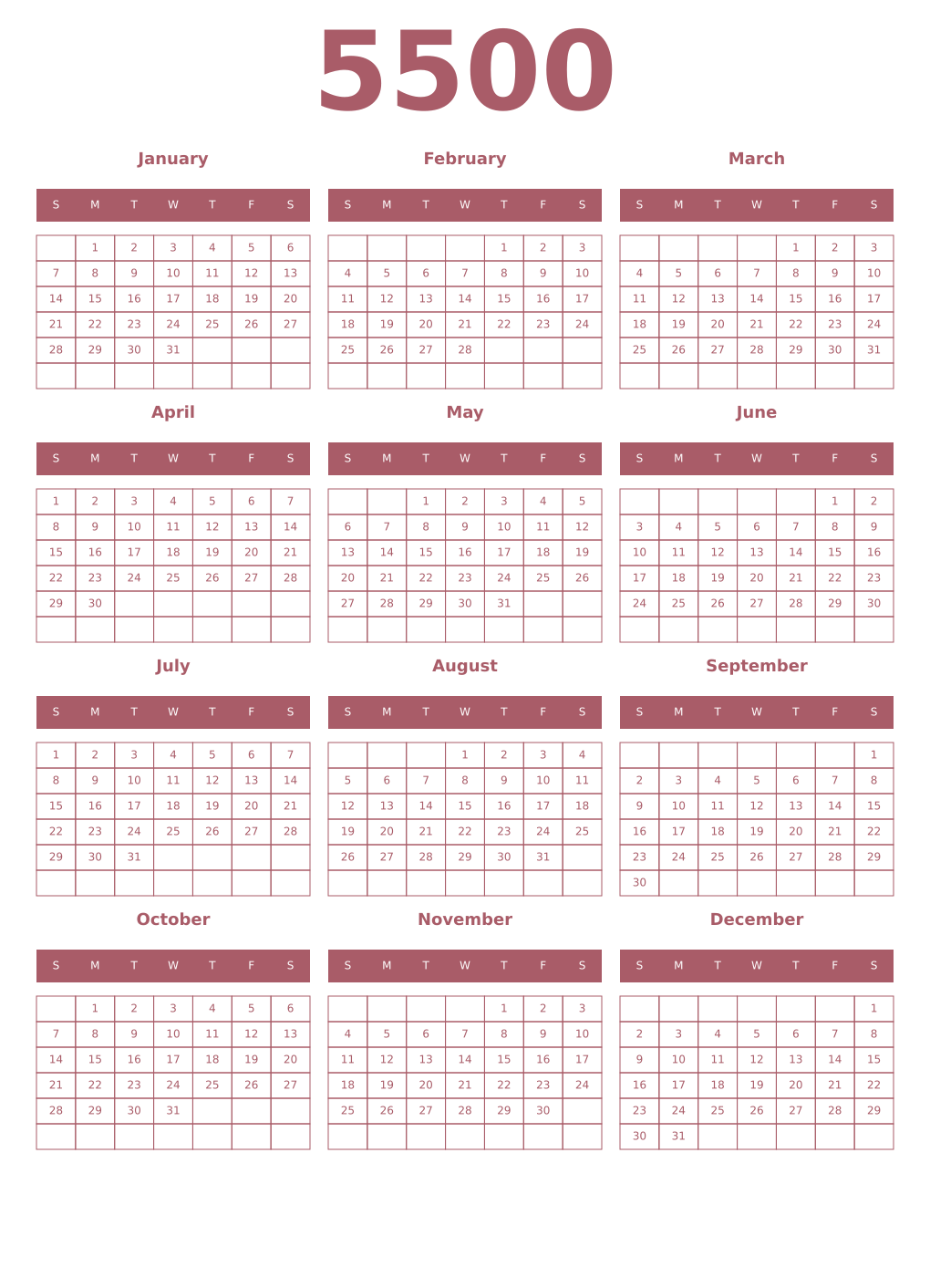Printable 5500 Year Calendars puce
