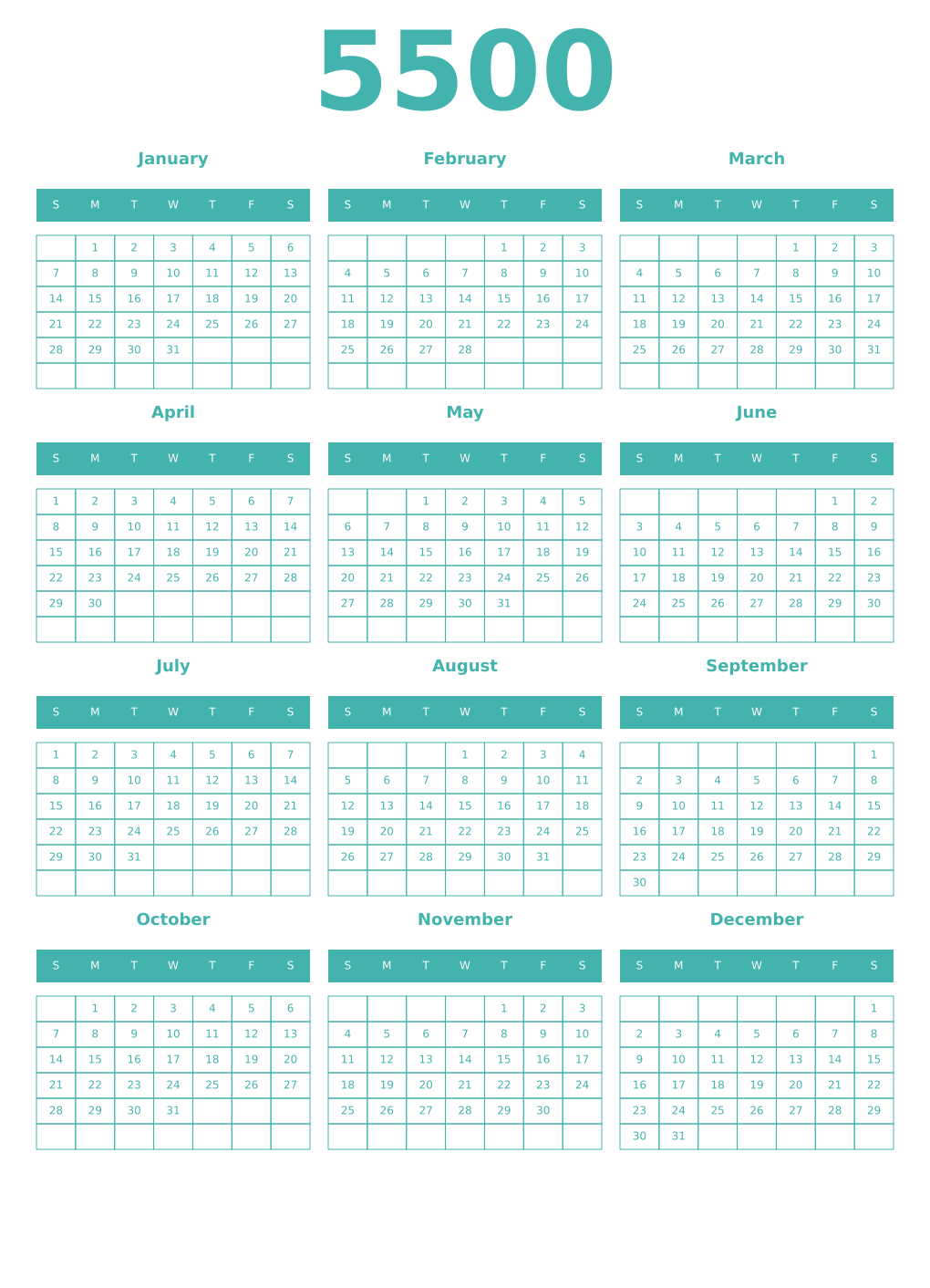 Printable 5500 Year Calendars verdigris