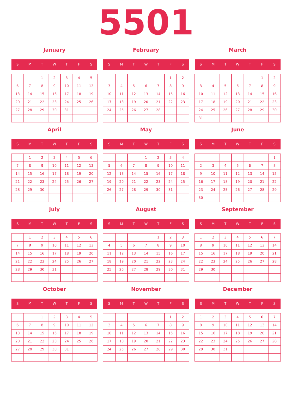 Printable 5501 Year Calendars amaranth