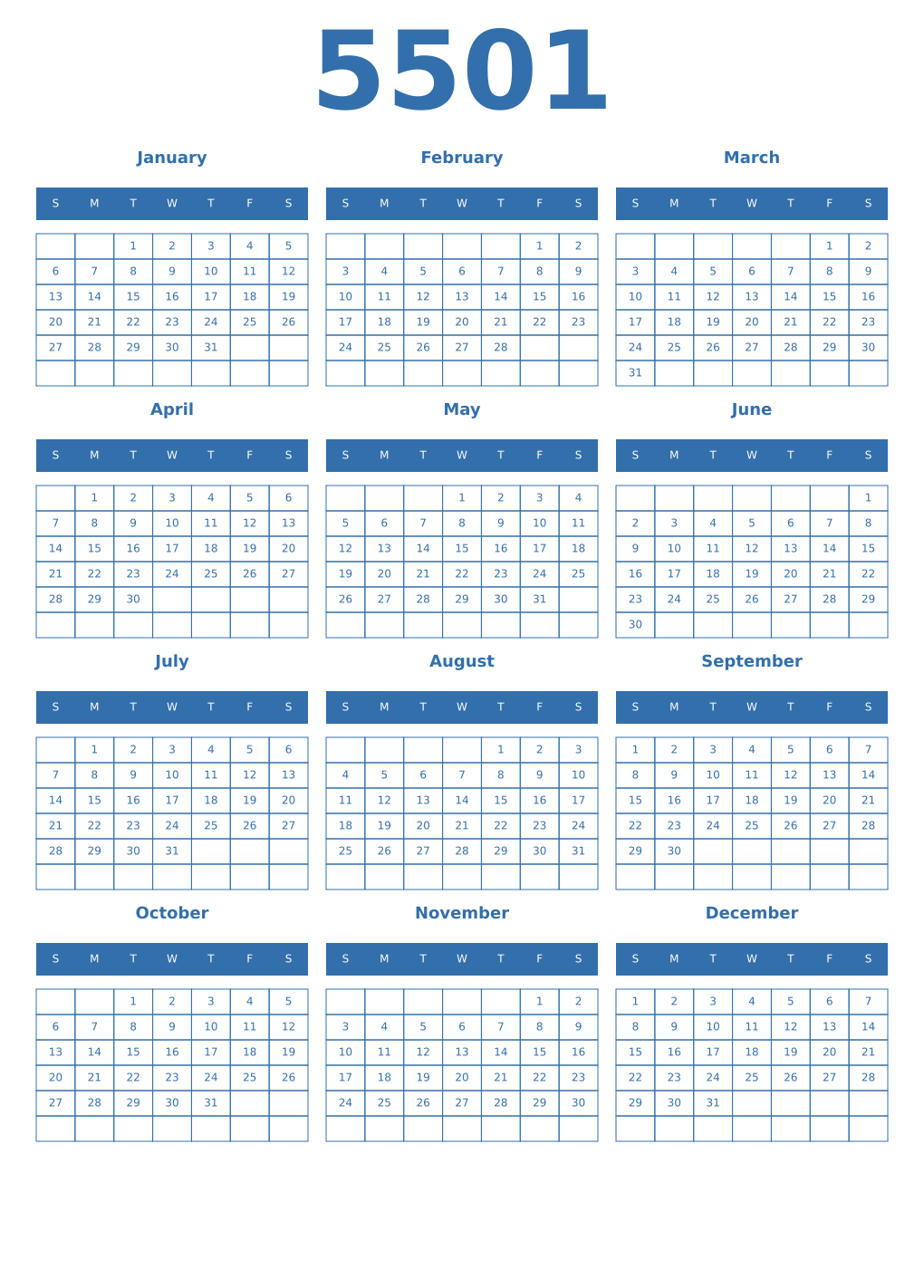 Printable 5501 Year Calendars blue