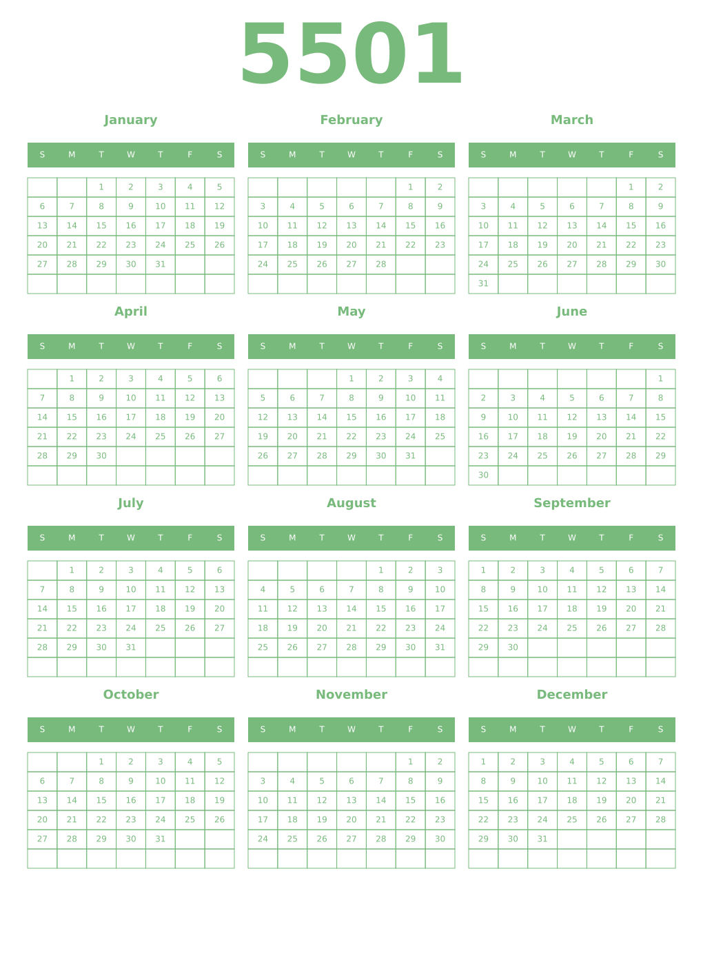Printable 5501 Year Calendars celadon