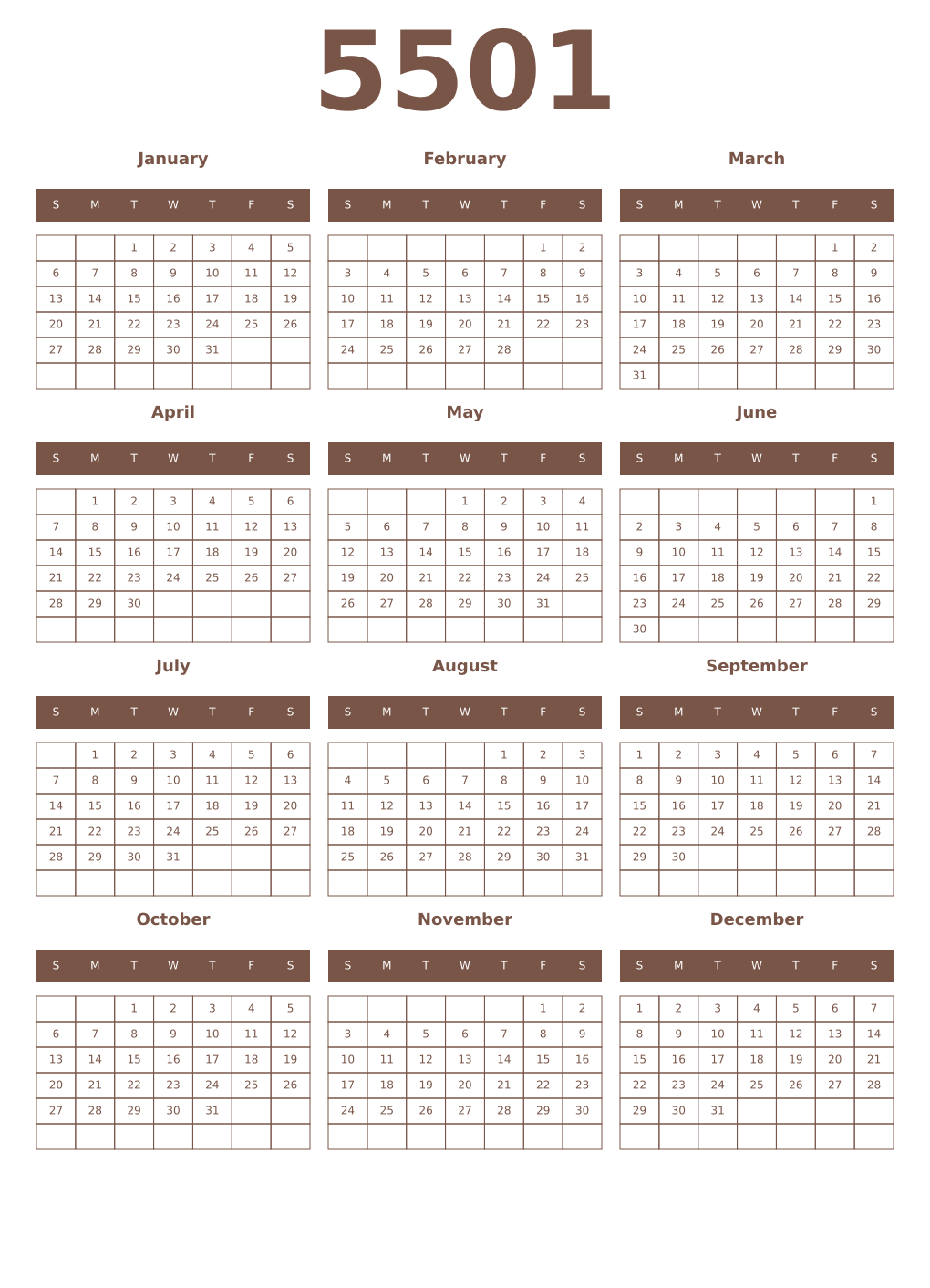 Printable 5501 Year Calendars coffe