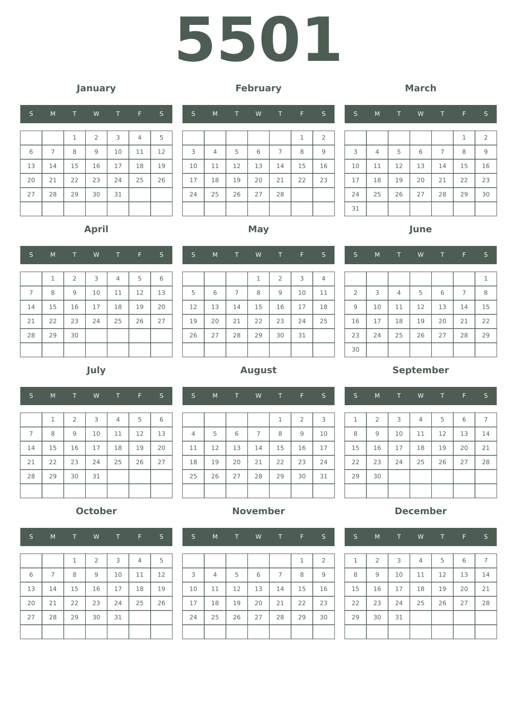 Printable 5501 Year Calendars feldgrau