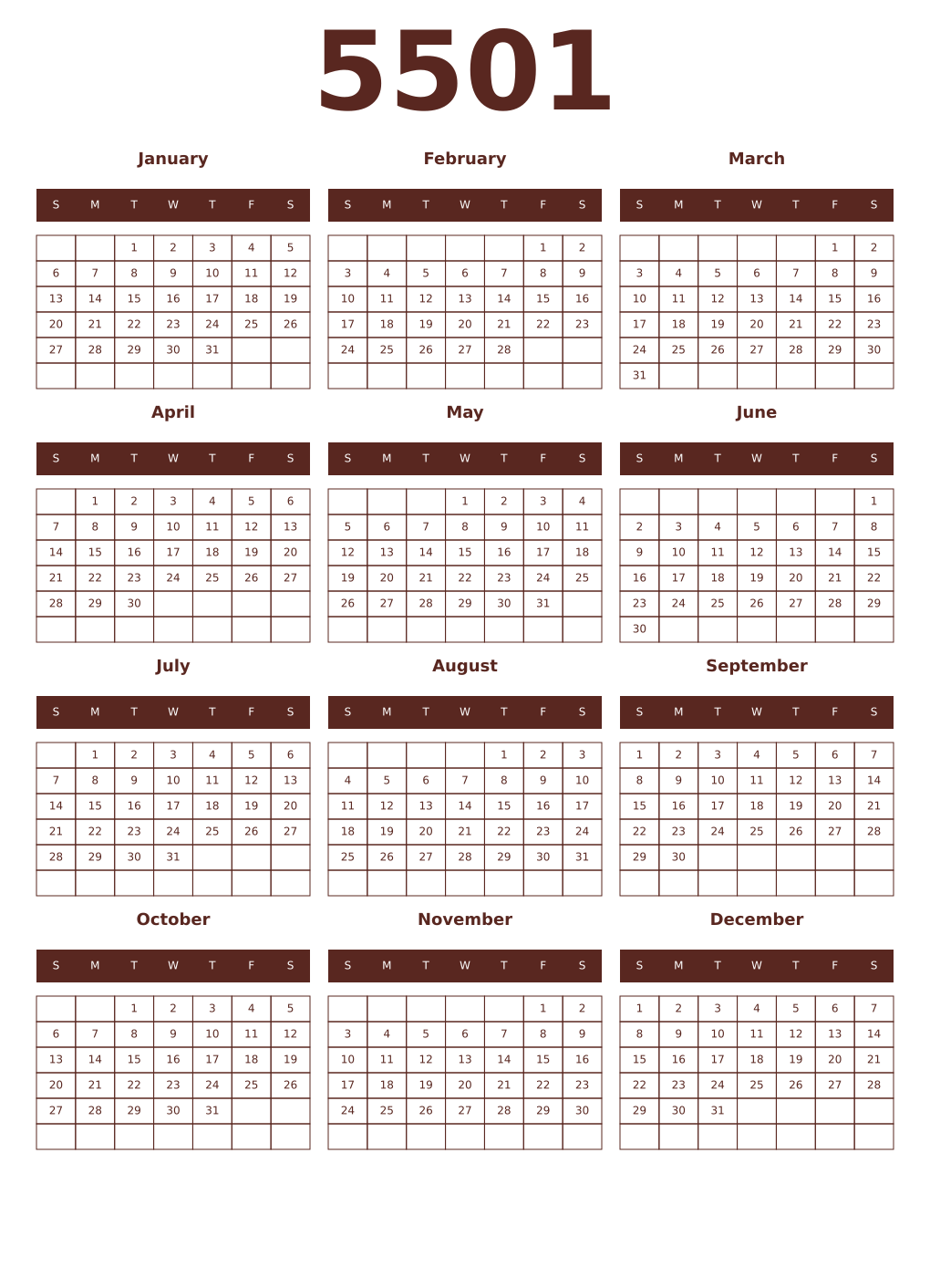 Printable 5501 Year Calendars mortuum