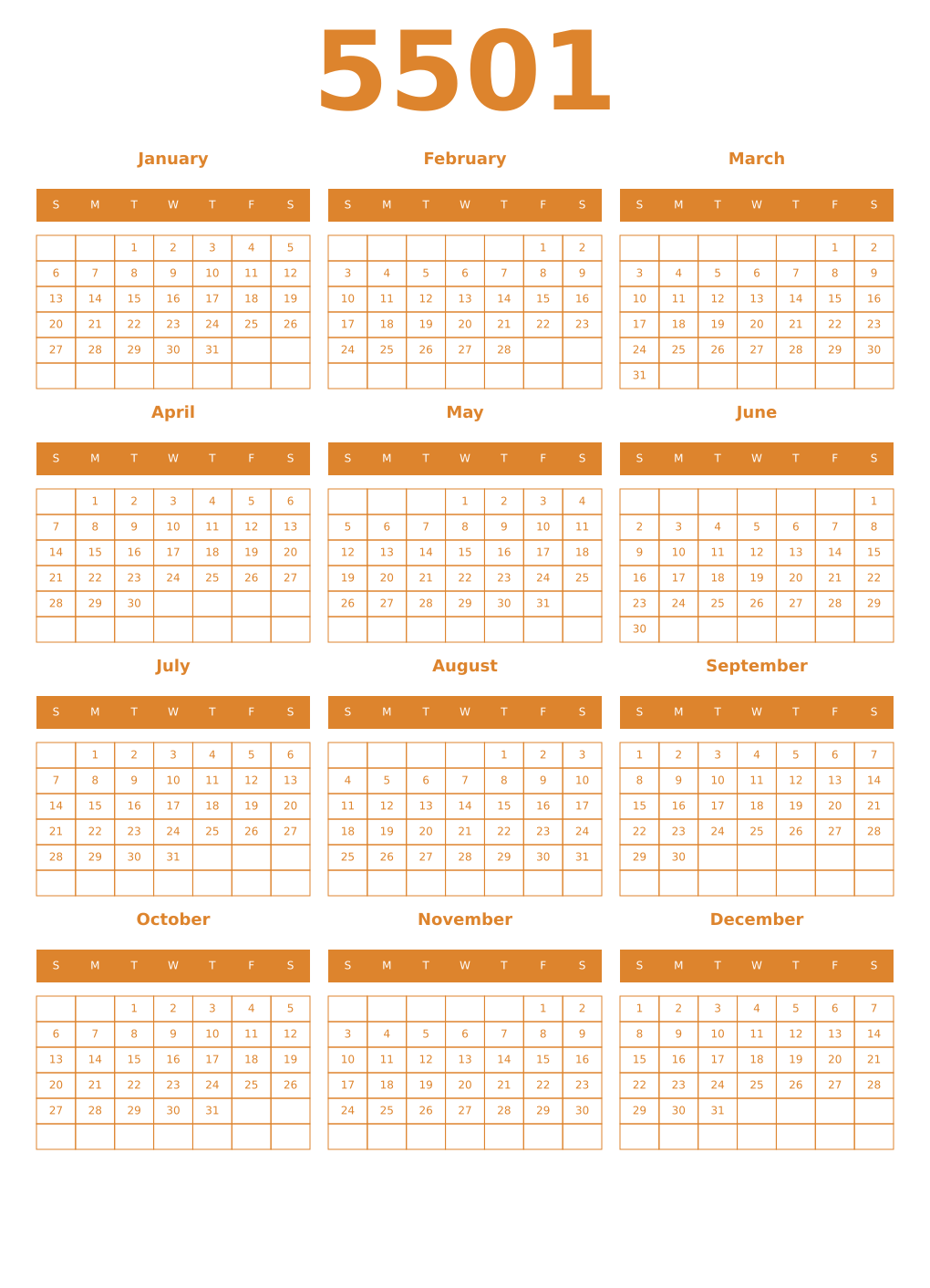 Printable 5501 Year Calendars orange