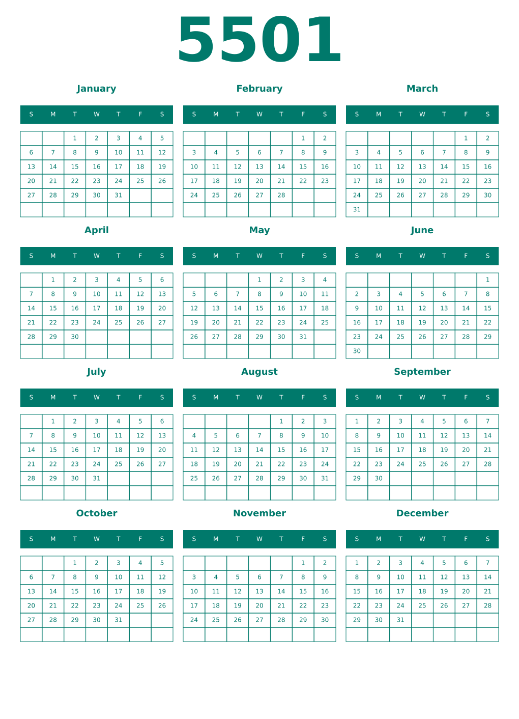 Printable 5501 Year Calendars pastel