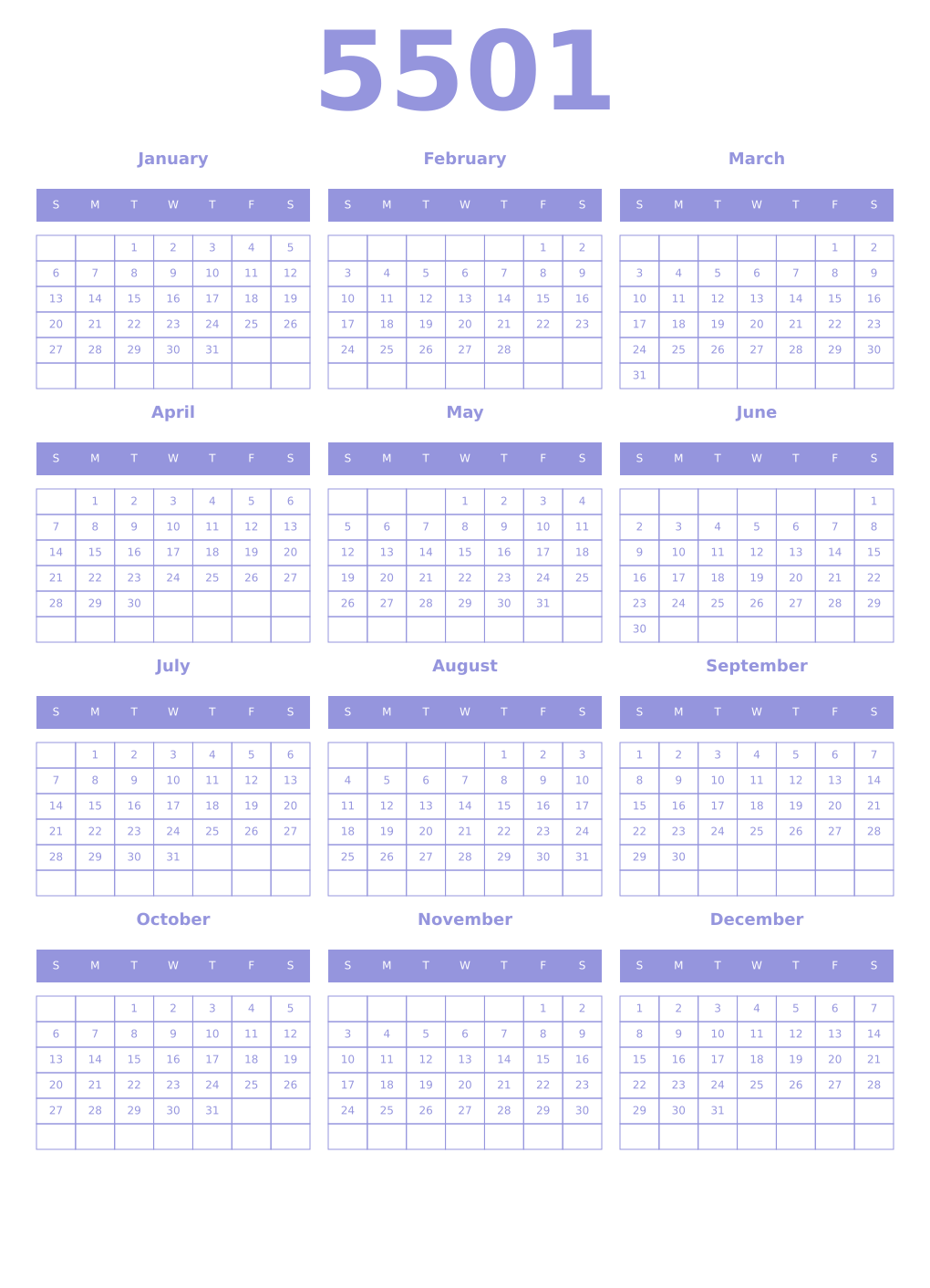 Printable 5501 Year Calendars periwinkle