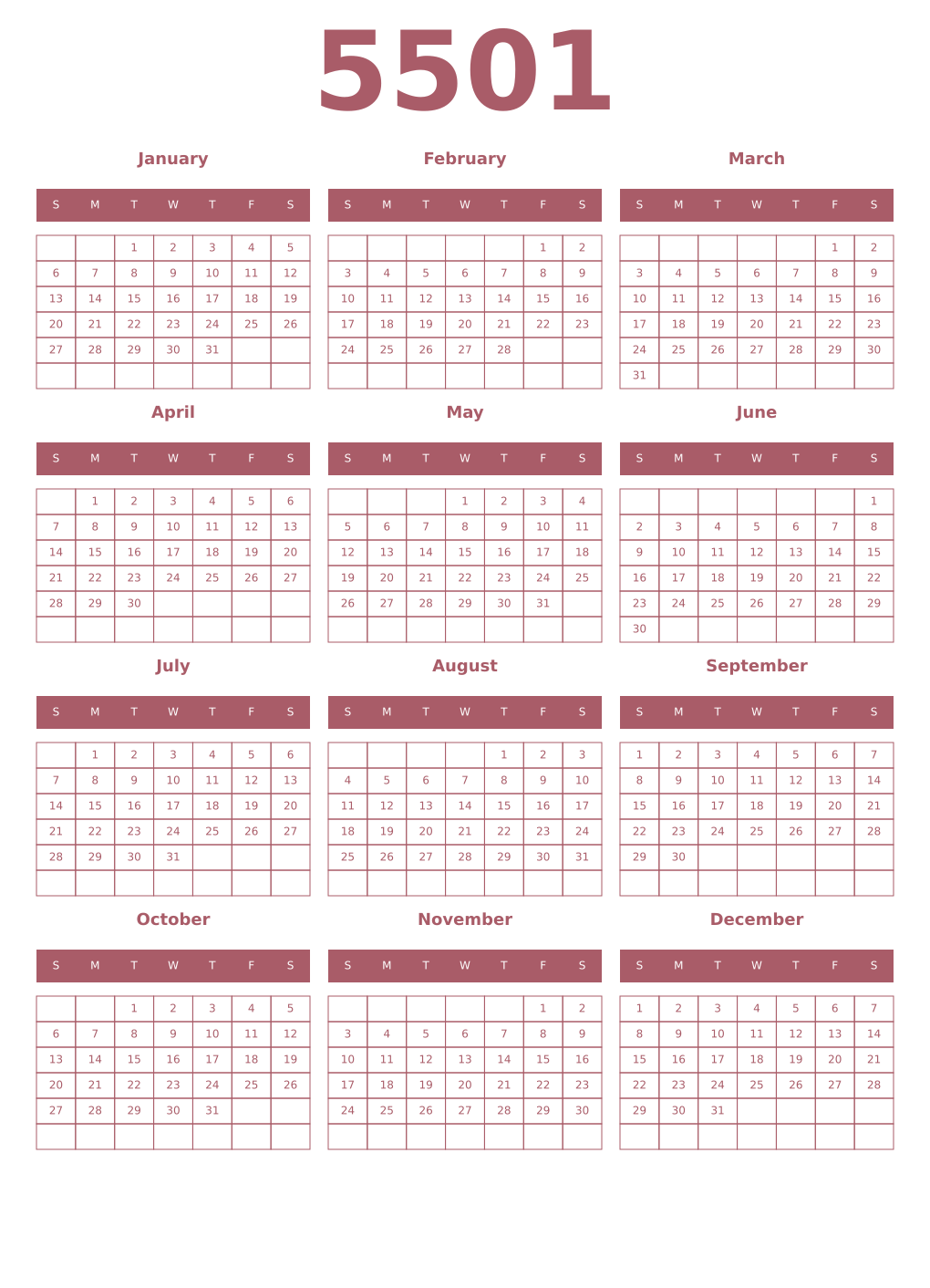 Printable 5501 Year Calendars puce