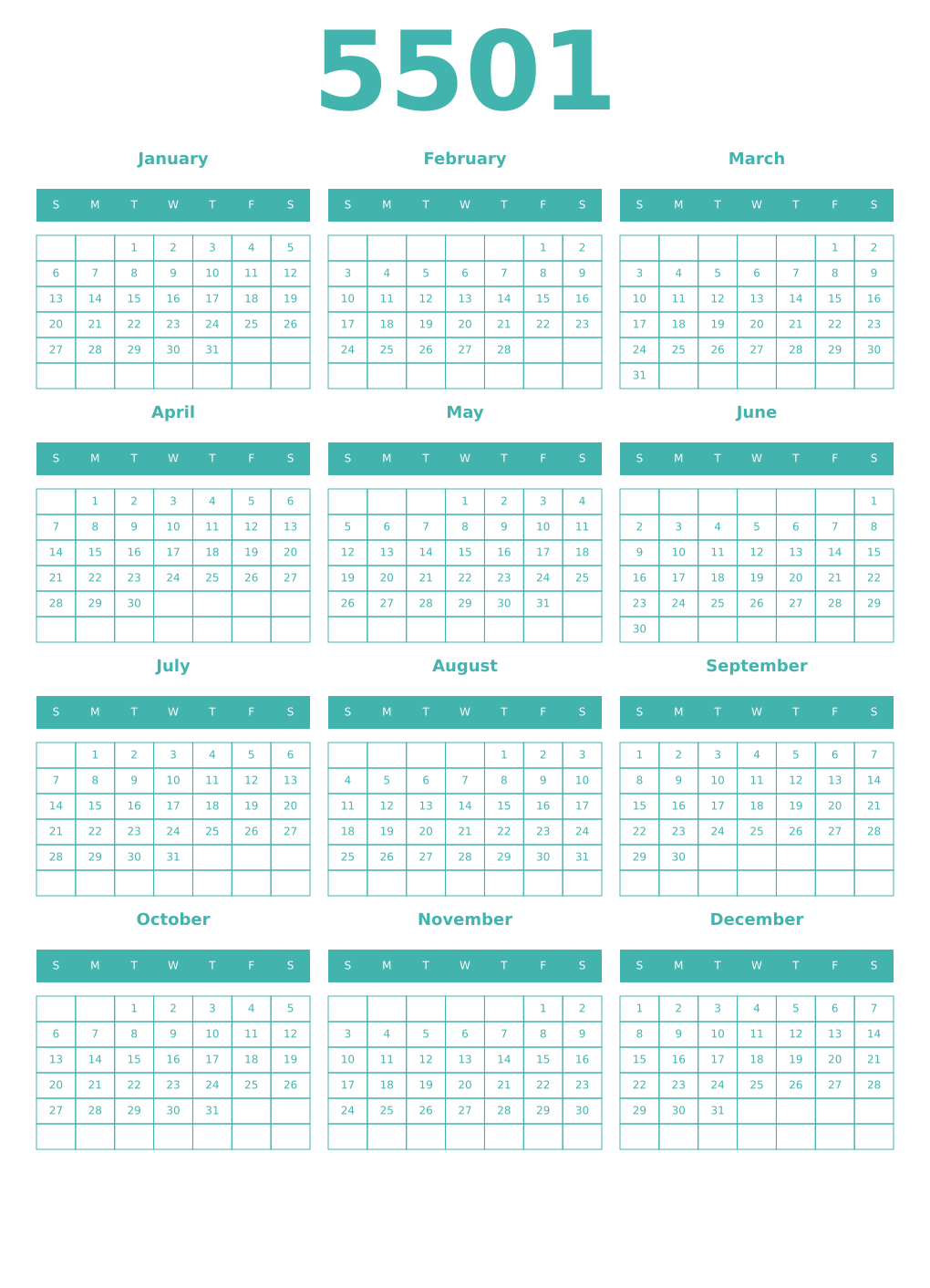 Printable 5501 Year Calendars verdigris