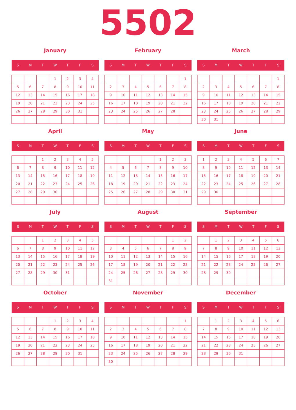 Printable 5502 Year Calendars amaranth