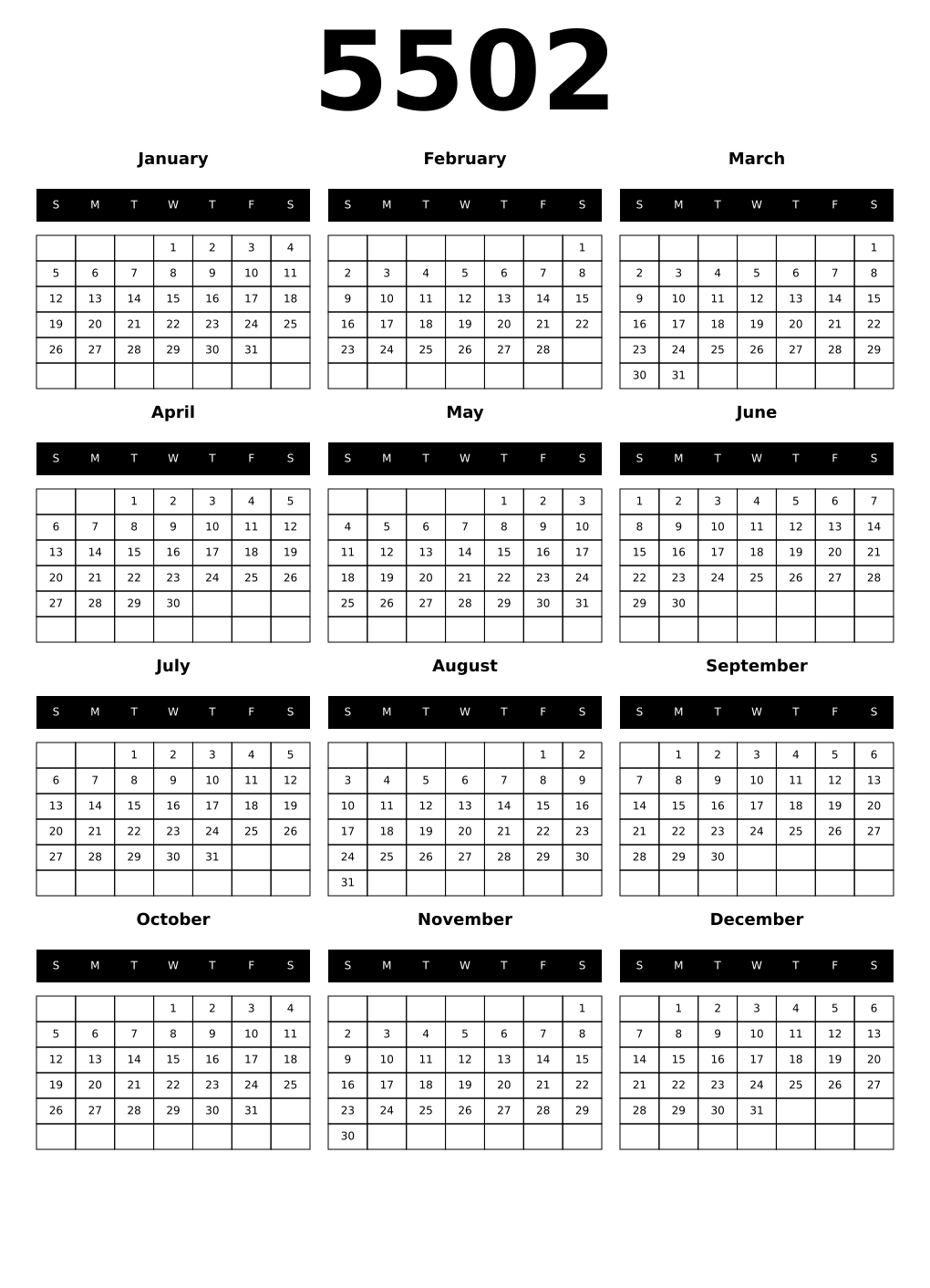 Printable 5502 Year Calendars black